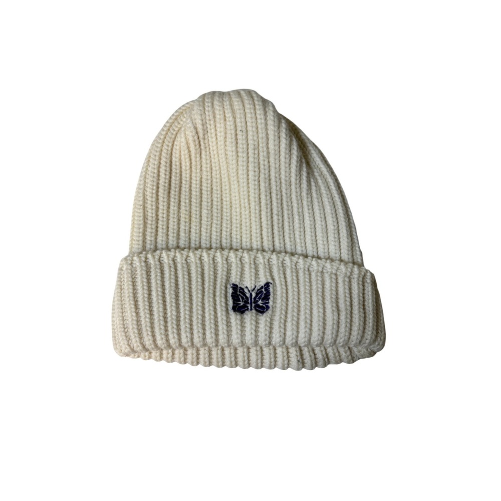 Needles Butterfly Papillon Ribbed Knit Beanie Off White Cream Wool Hat LQ045